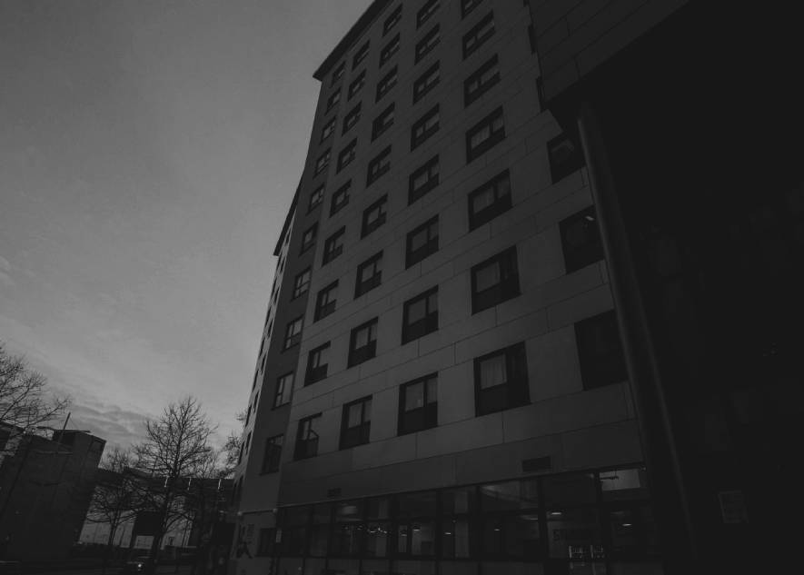 Photo of a hotel in black and white.